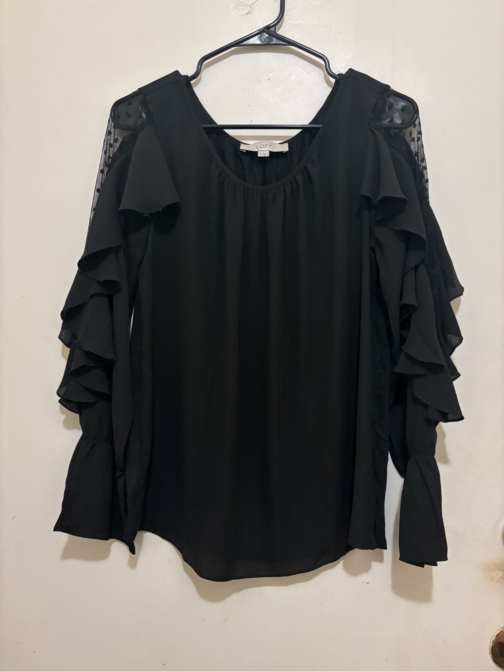 LOFT Black Ruffle Sleeve Blouse with Sheer Polka Dot Lace Detail – Size Small
